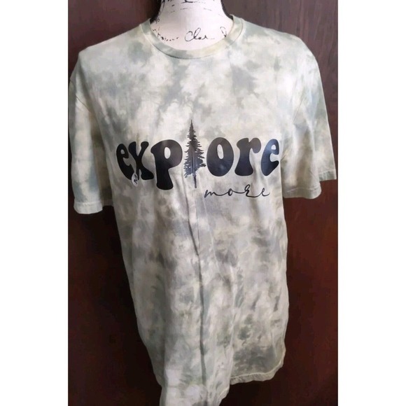 Gildan Tops - T-Shirt Womens Medium Green Cotton Short Sleeve Graphic Tie Dye Explore More NEW